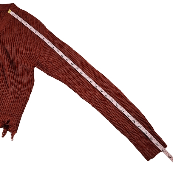 Love Tree Distressed V Neck Button Up Cropped Cardigan, Burnt Orange, Small - Picture 14 of 14